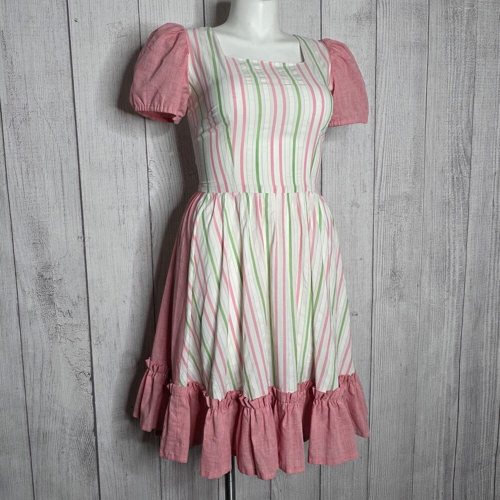 VTG Handmade Square Dance Dress, Pink & Green Stripes, Puff Sleeves, Ruffles , L